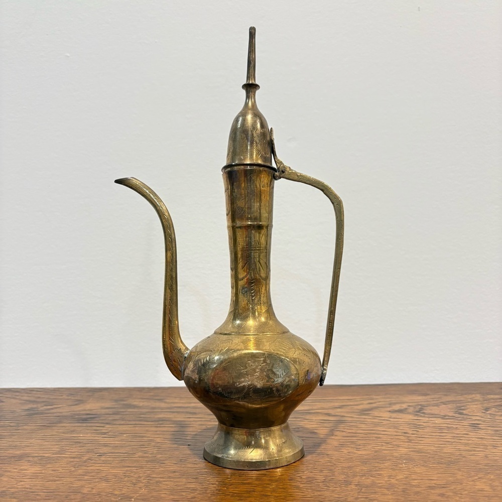 Vintage Solid Brass Teapot Genie Lamp Pitcher Made in India Ornate Etched Floral